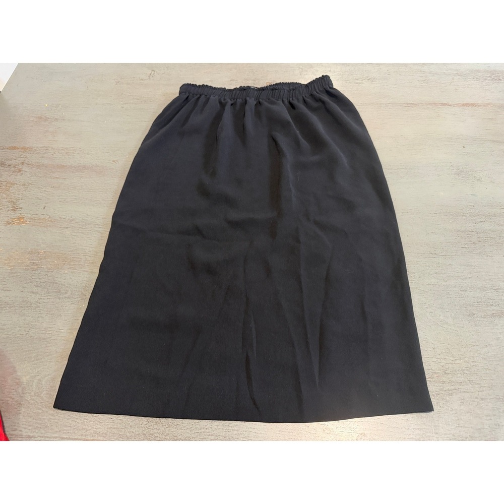 Michele Black Elastic Waist Midi Skirt Size 12 Made in USA Back Vent Straight
